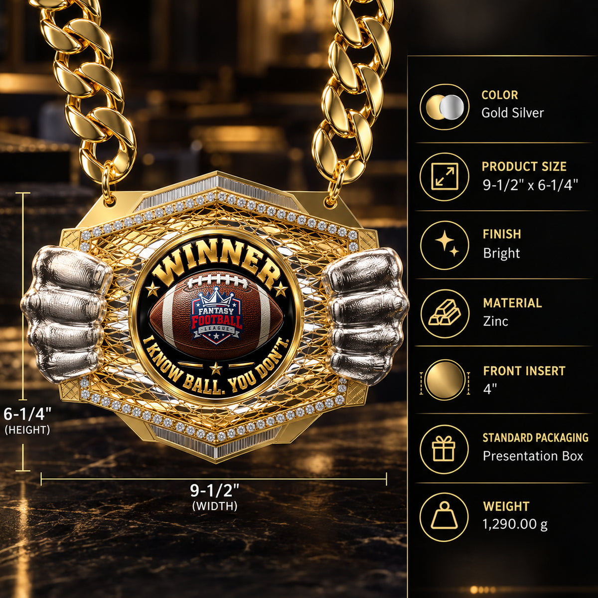 Fantasy Football Champion Medal - Winner – I Know Ball. You Don't, Knock Out Champ Chain with Premium Chain