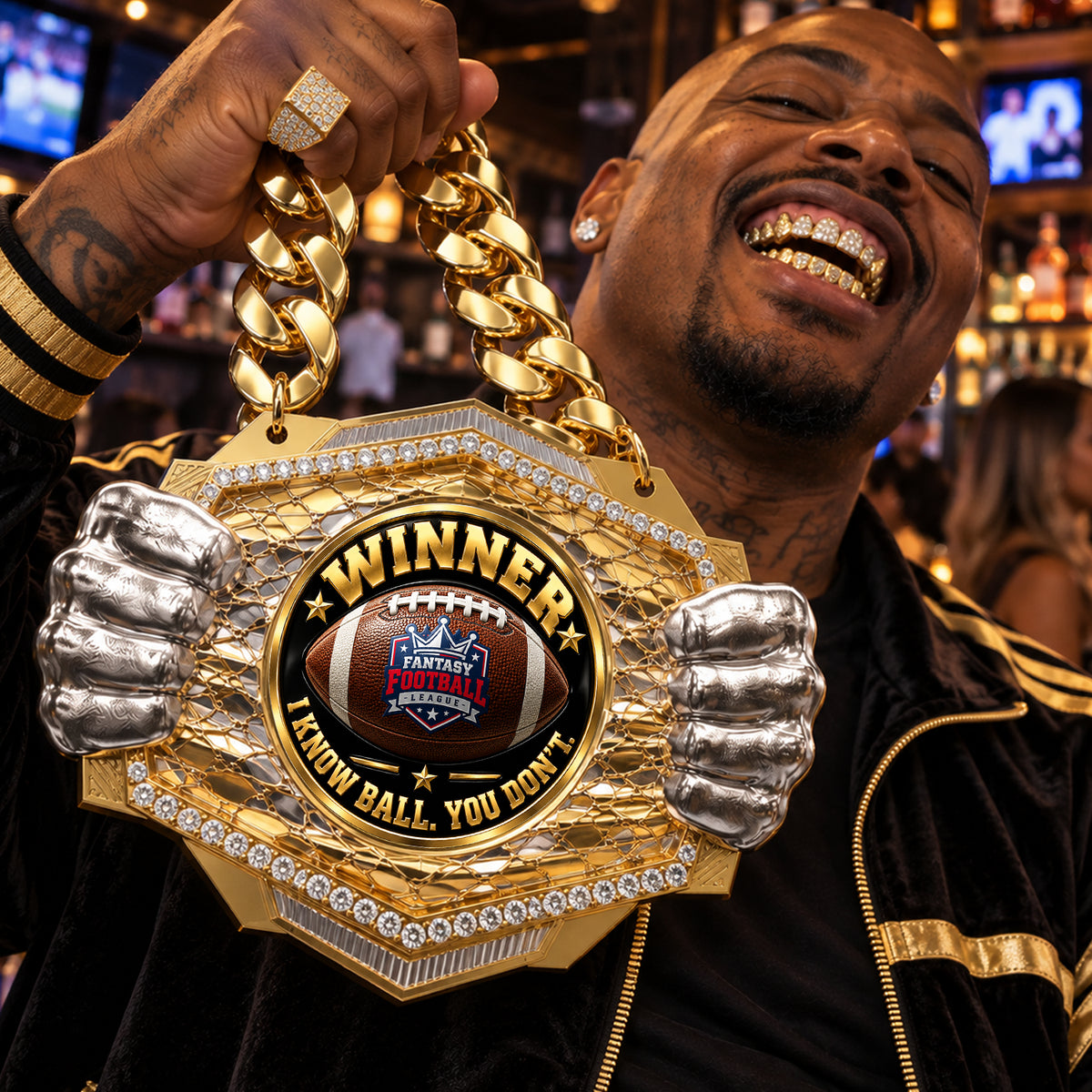 Fantasy Football Champion Medal - Winner – I Know Ball. You Don't, Knock Out Champ Chain with Premium Chain