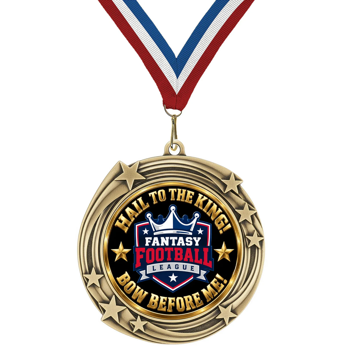 Fantasy Football Winner Medal - Hail To The King - Bow Before Me, 2-3/4" Swirling Star Medal