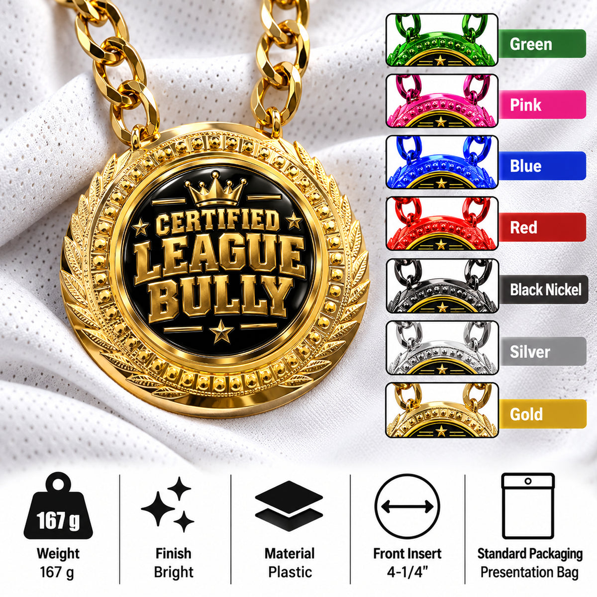 Fantasy Football Medal - Certified League Bully, Lite Champ Chain With Plastic Chain