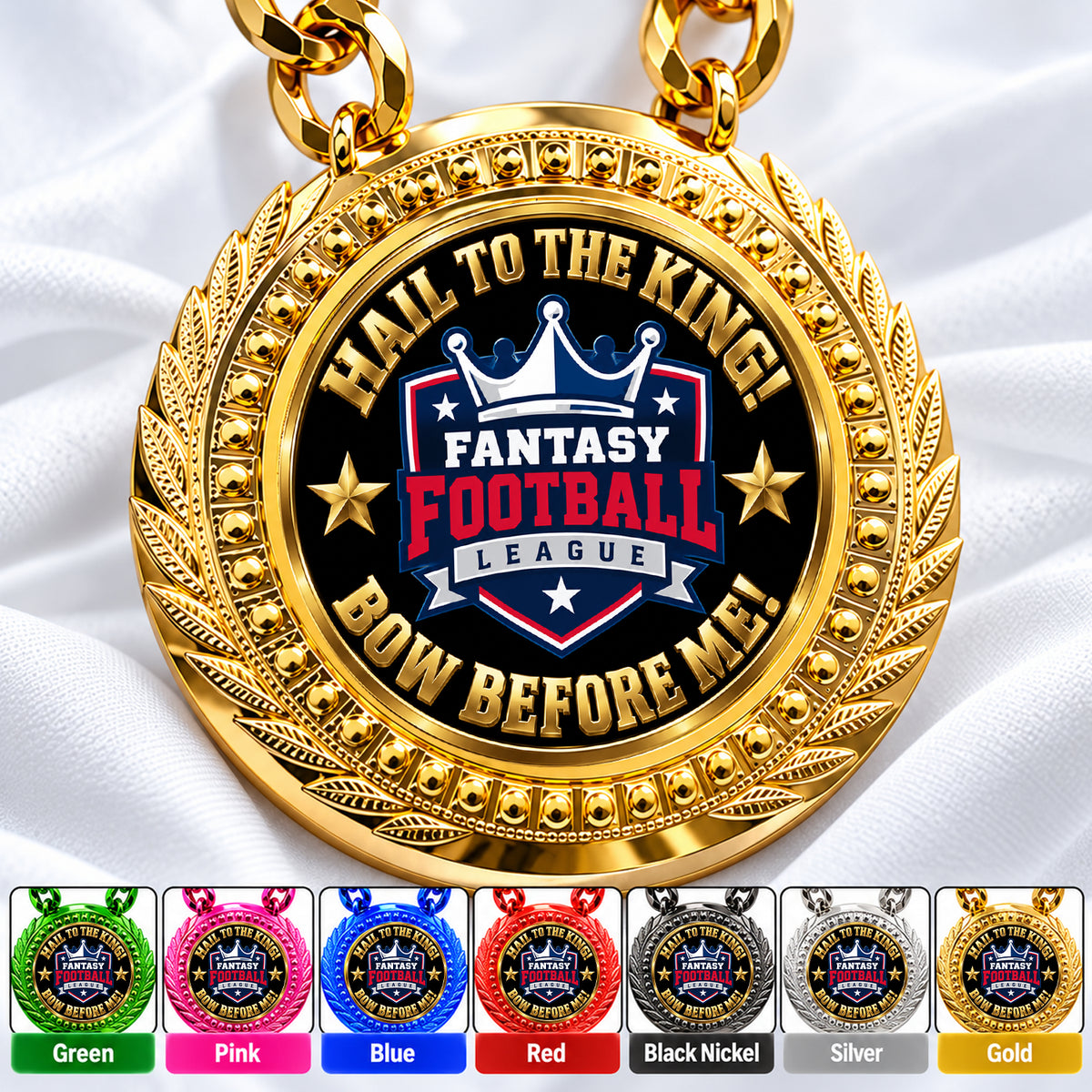 Fantasy Football Medal - Hail To The King - Bow Before Me, Lite Champ Chain With Plastic Chain
