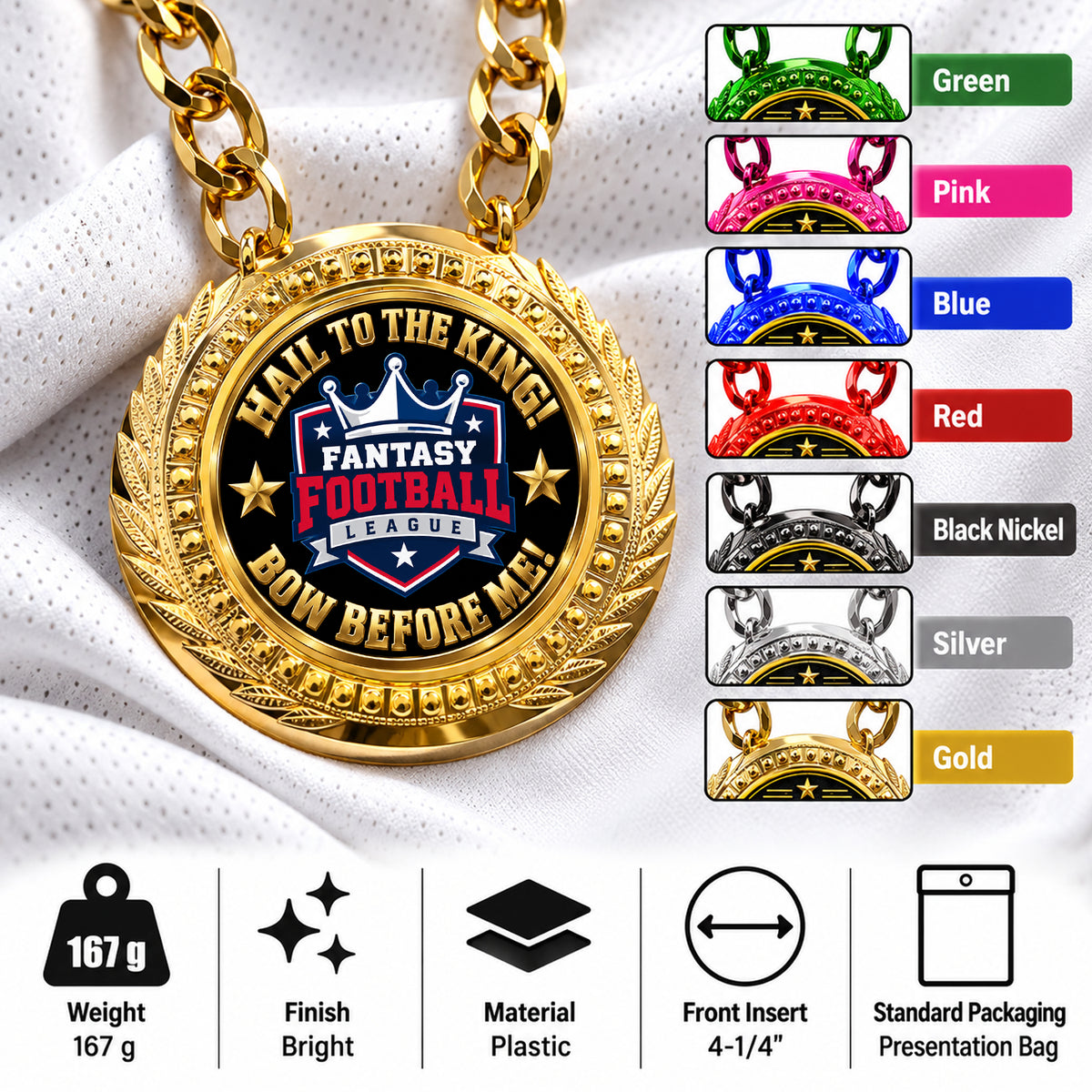 Fantasy Football Medal - Hail To The King - Bow Before Me, Lite Champ Chain With Plastic Chain – image 7