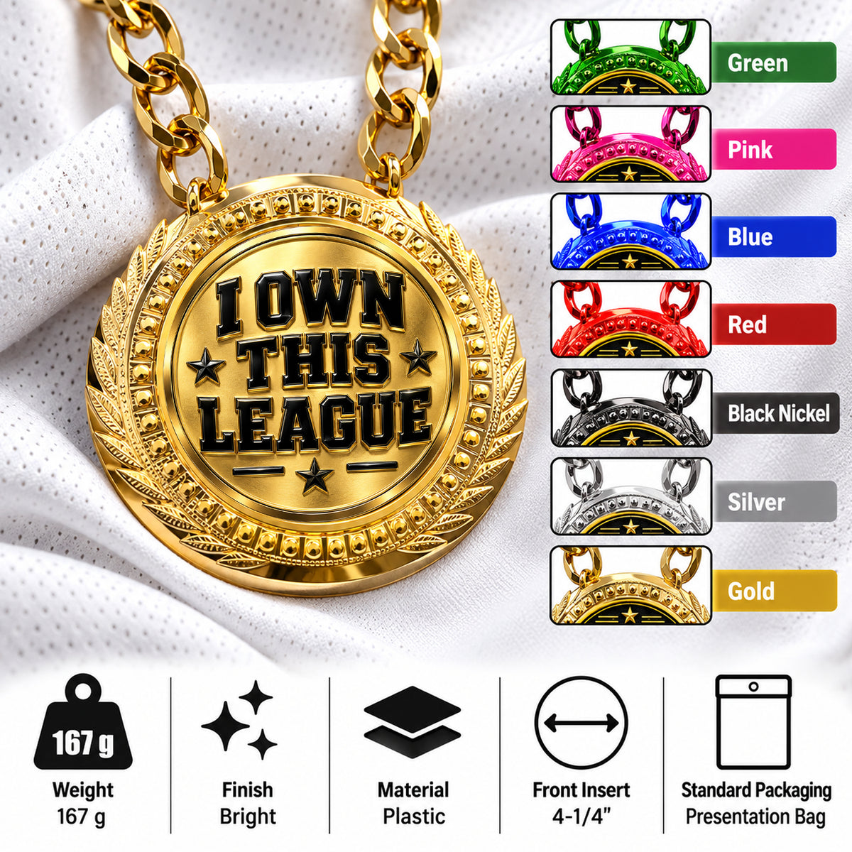 Fantasy Football Medal - I Own This League, Lite Champ Chain With Plastic Chain