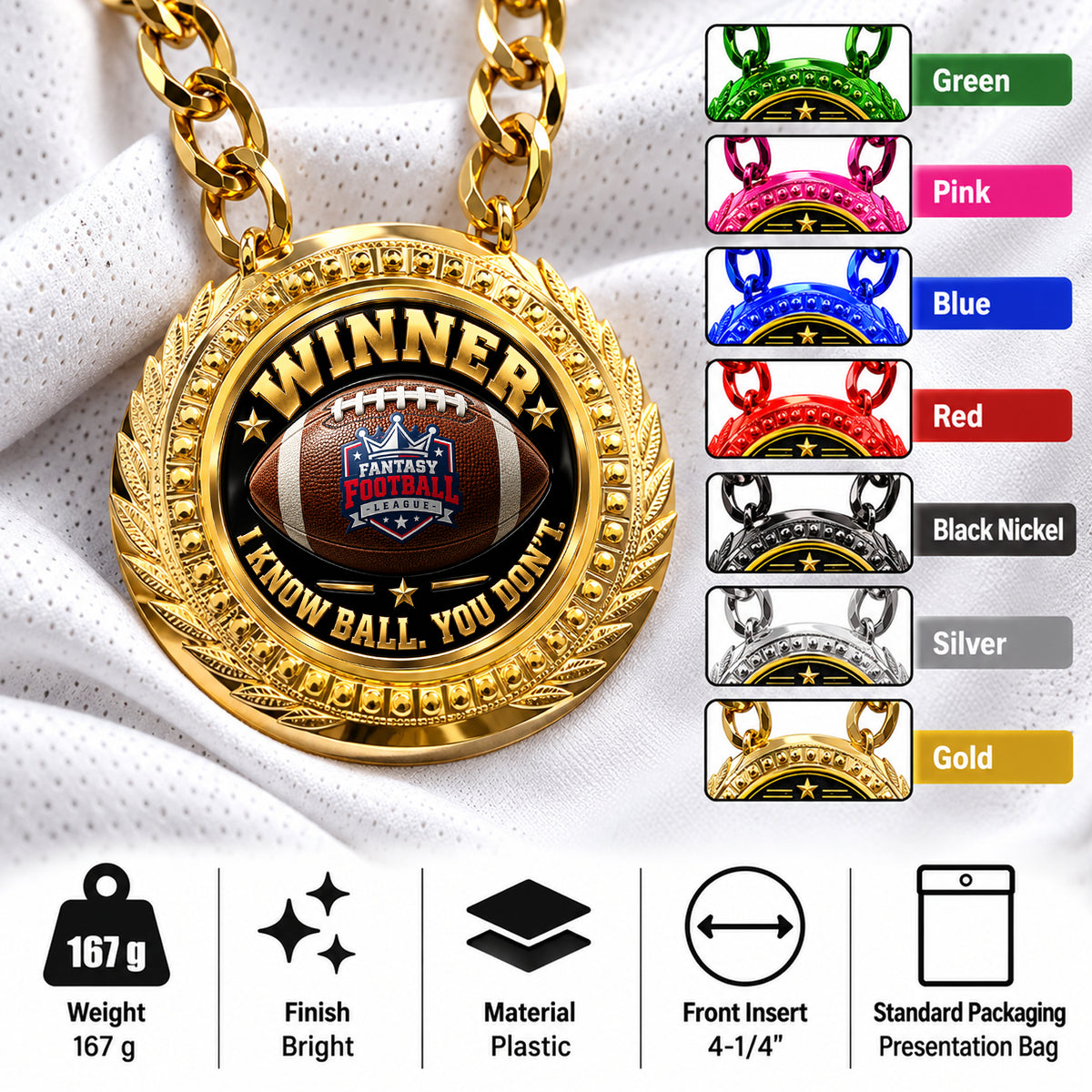 Fantasy Football Medal - Winner - I Know Ball. You Don't, Lite Champ Chain With Plastic Chain – image 7