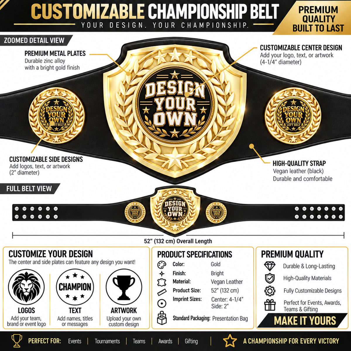 Custom Soccer Bright Shield Championship Belt - Design Your Own