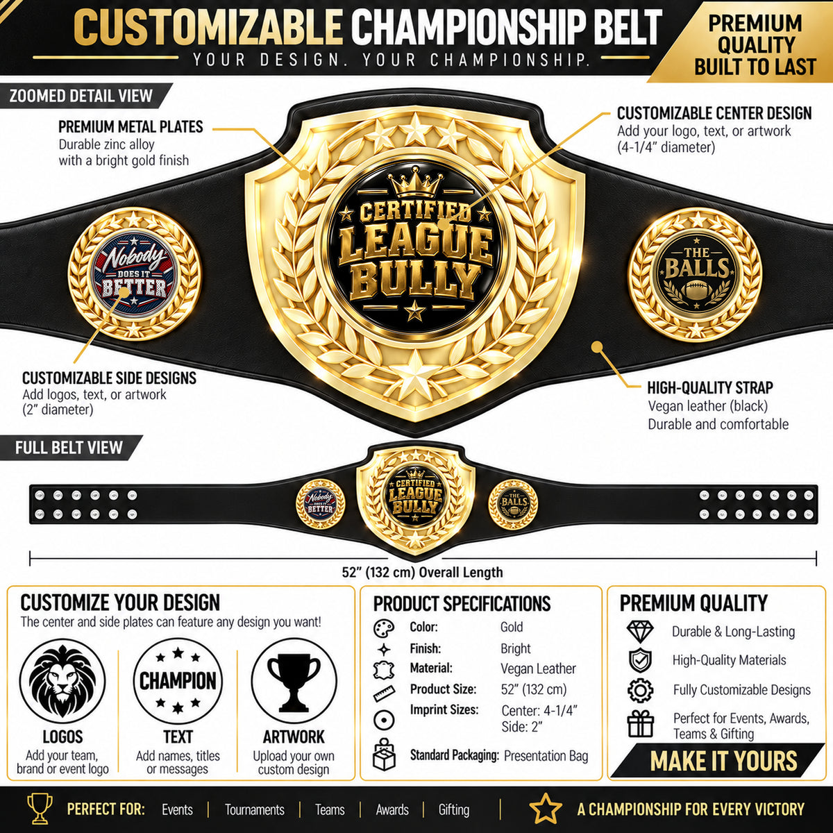 Fantasy Football Bright Shield Championship Belt - Certified League Bully