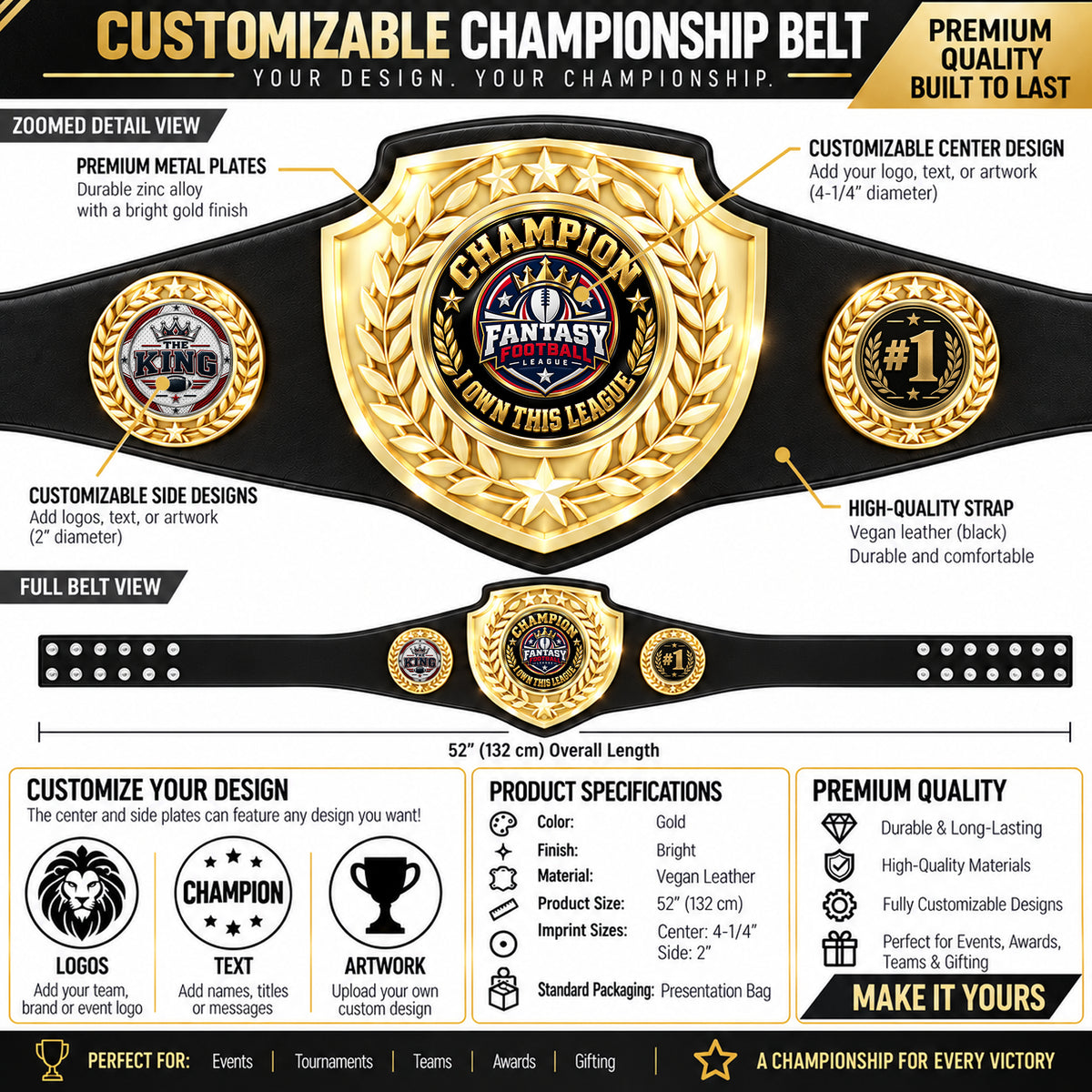 Fantasy Football Bright Shield Championship Belt - Champion - I Own This League