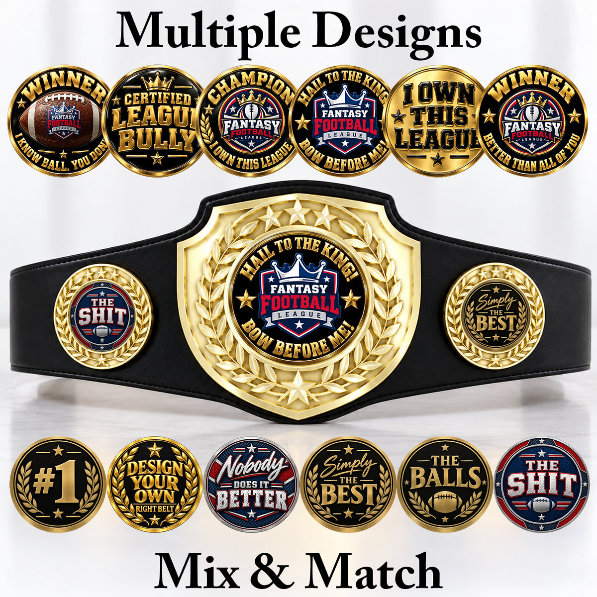 Fantasy Football Bright Shield Championship Belt - Hail To The King - Bow Before Me