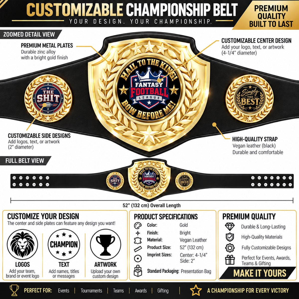 Fantasy Football Bright Shield Championship Belt - Hail To The King - Bow Before Me
