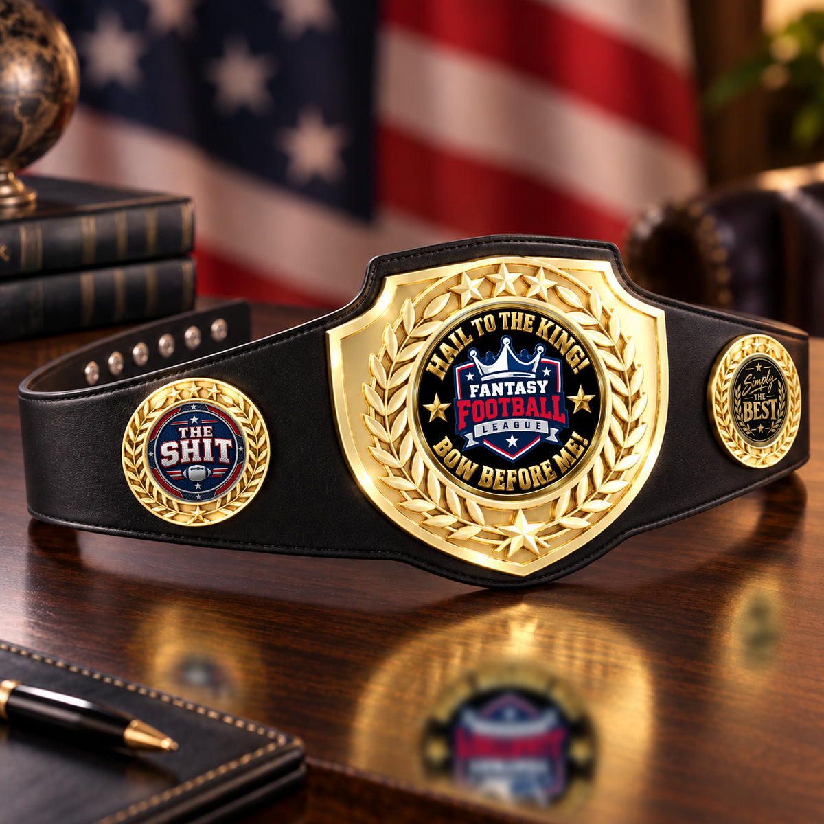 Fantasy Football Bright Shield Championship Belt - Hail To The King - Bow Before Me