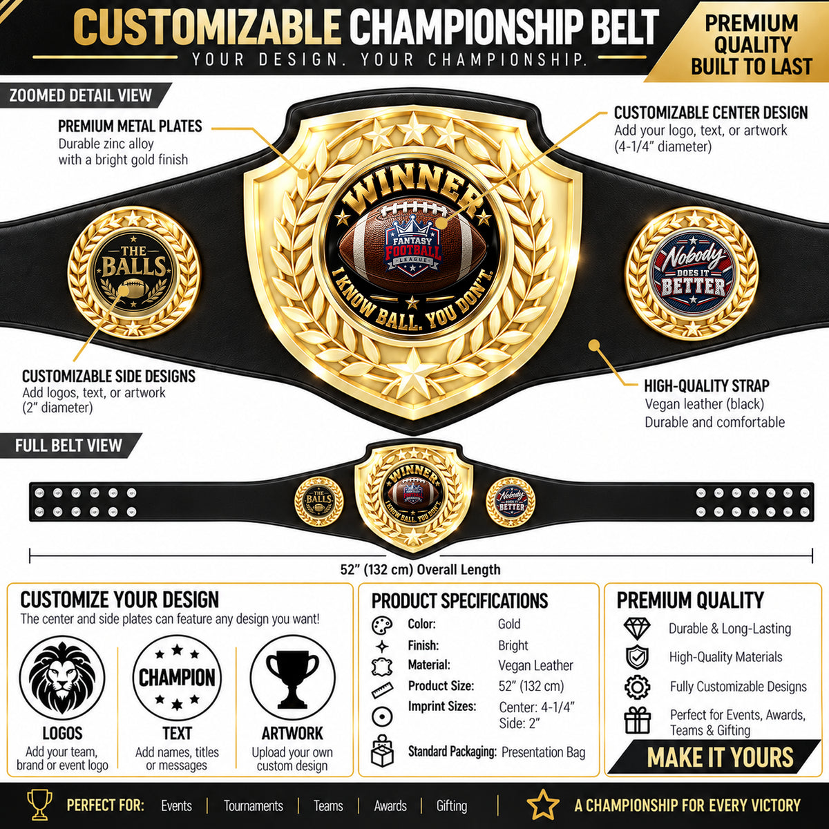 Fantasy Football Bright Shield Championship Belt - Winner - I Know Ball. You Don't