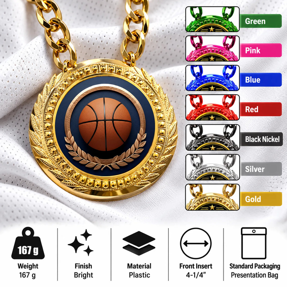 Basketball Medals - Player & Championship Achievement Awards, 4-1/4" Lite Champ Chain with Plastic Chain