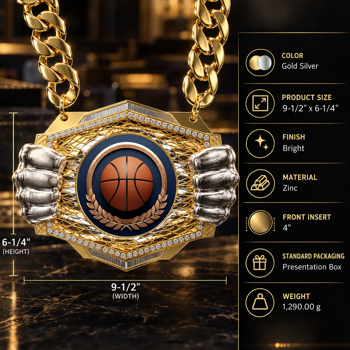 Basketball Medals - Player & Championship Awards, 9-1/2" x 6-1/4" Knock Out Champ Chain With Premium Chain