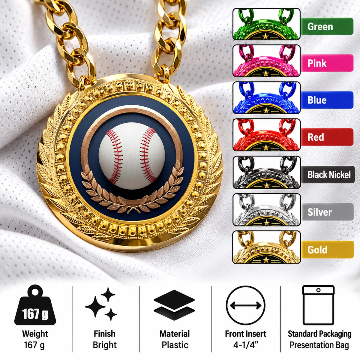 Baseball Medals - Player & Team Performance Awards, 4-1/4" Lite Champ Chain with Plastic Chain