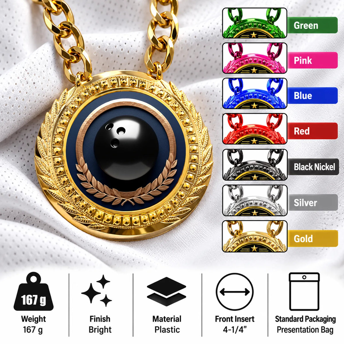 Bowling Medals - Bowler & Tournament Performance Awards, 4-1/4" Lite Champ Chain with Plastic Chain