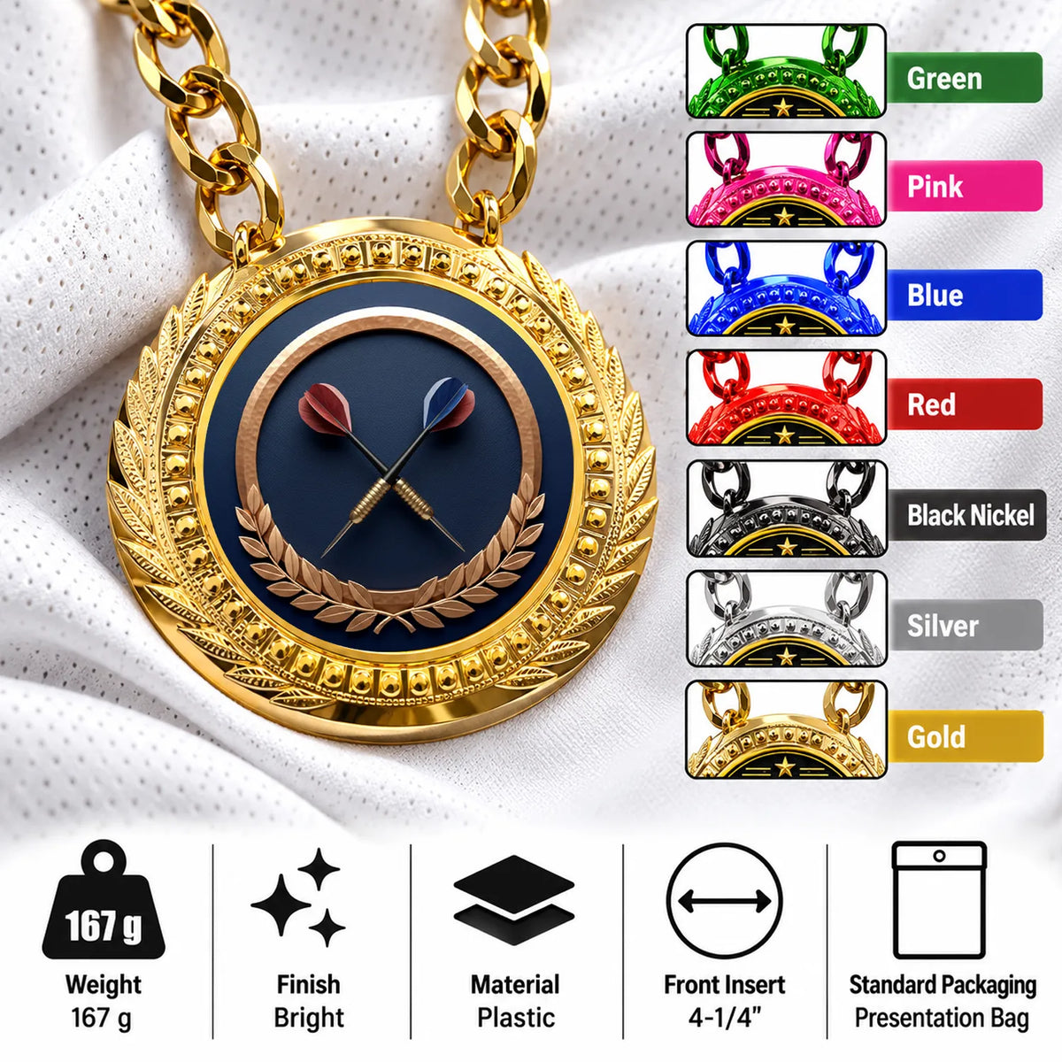 Darts Medals - Dart Player & League Championship Awards, 4-1/4" Lite Champ Chain with Plastic Chain