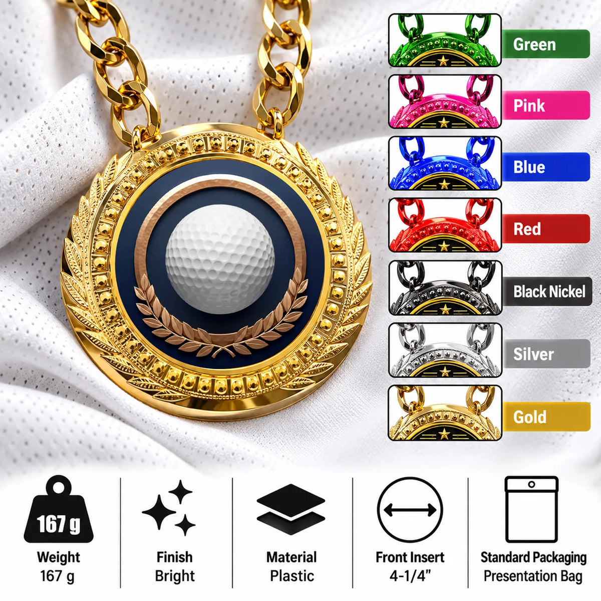 Golf Medals - Golfer & Tournament Recognition Awards, 4-1/4" Lite Champ Chain with Plastic Chain