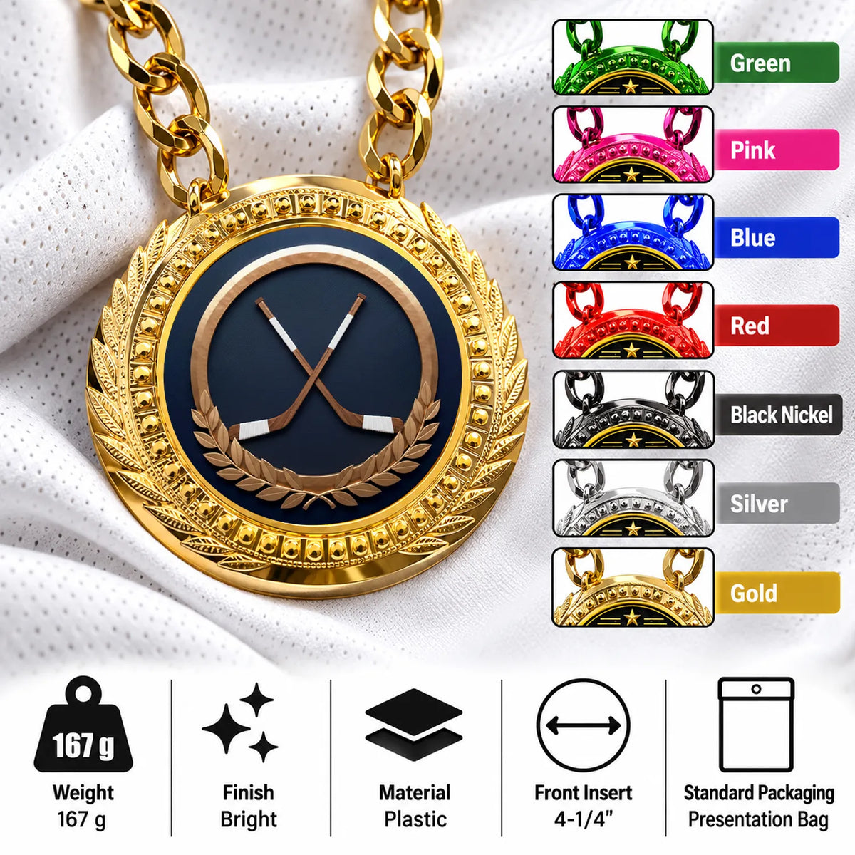 Ice Hockey Medals - Player & Team Victory Awards, 4-1/4" Lite Champ Chain with Plastic Chain