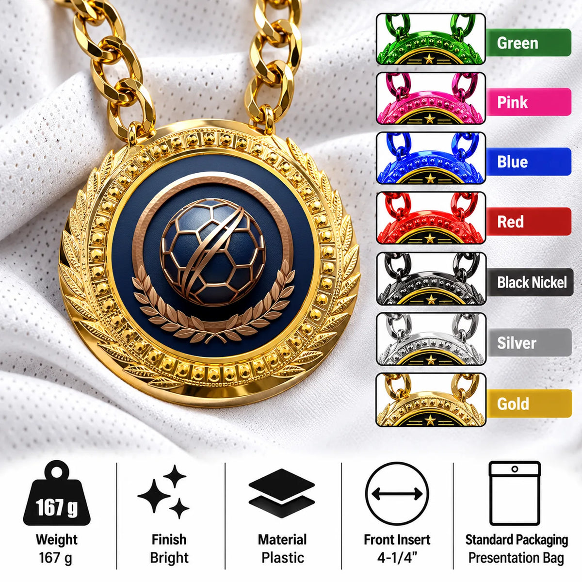 Soccer Medals - Player & Team Championship Awards, 4-1/4" Lite Champ Chain with Plastic Chain