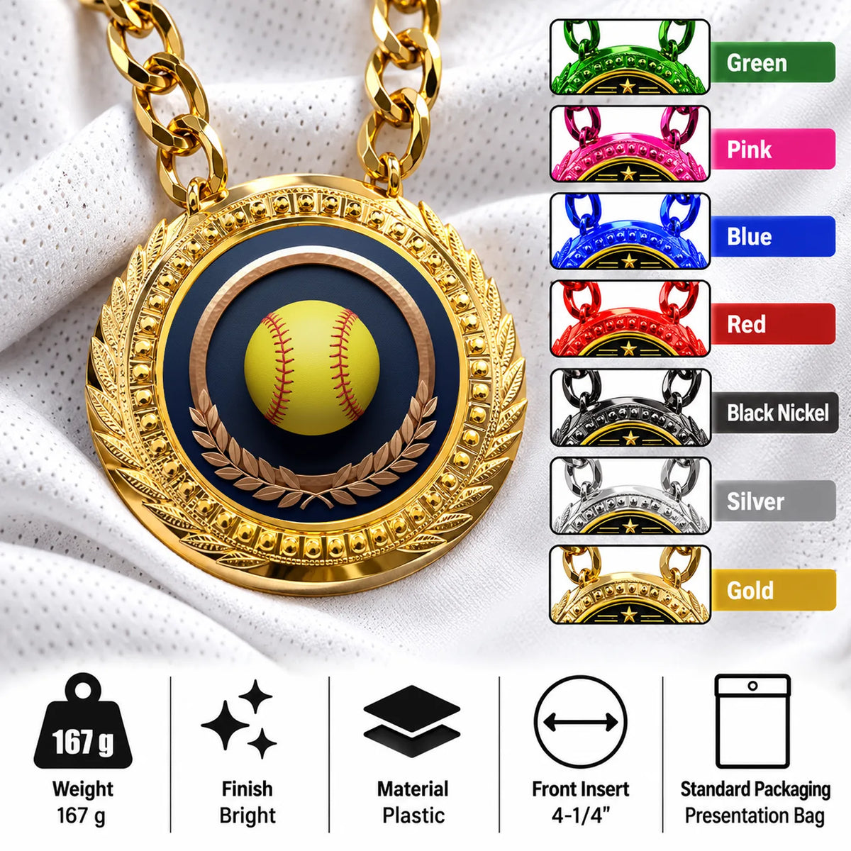 Softball Medals - Team & Player Recognition Awards, 4-1/4" Lite Champ Chain with Plastic Chain