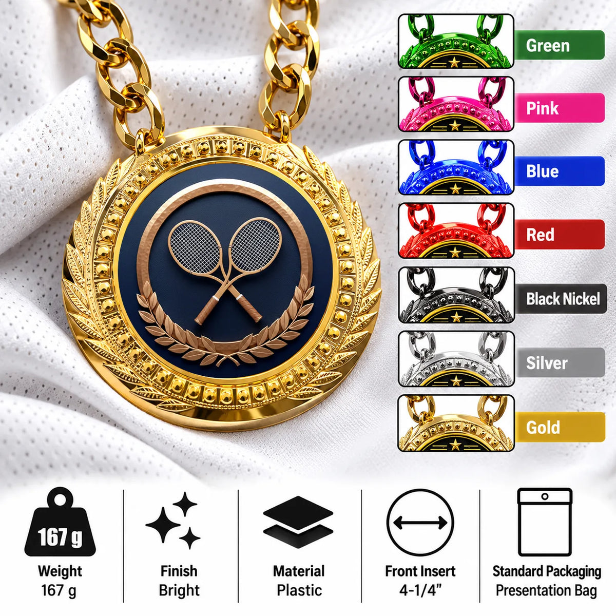 Tennis Medals - Player & Tournament Achievement Awards, 4-1/4" Lite Champ Chain with Plastic Chain