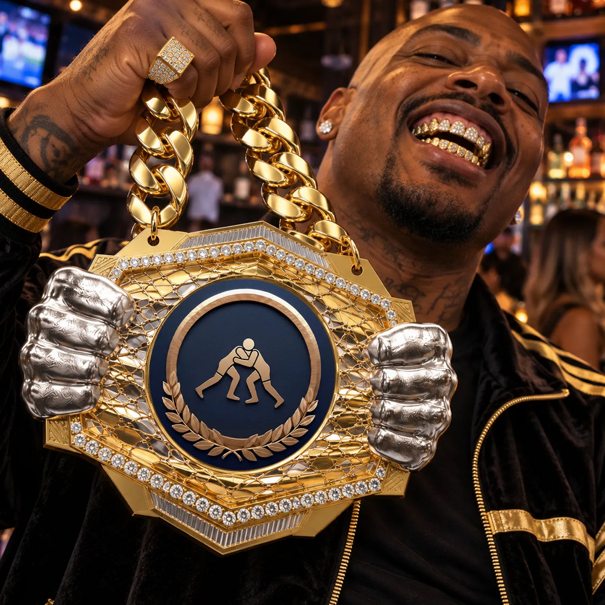 Wrestling Medals - Athlete & Championship Awards, 9-1/2" x 6-1/4" Knock Out Champ Chain With Premium Chain