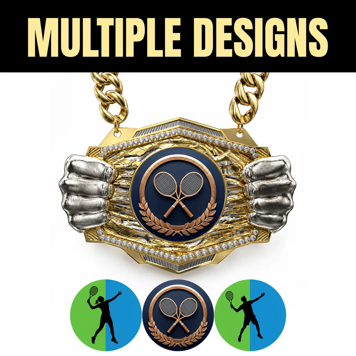 Tennis Medals - Player & Tournament Awards, 9-1/2" x 6-1/4" Knock Out Champ Chain With Premium Chain