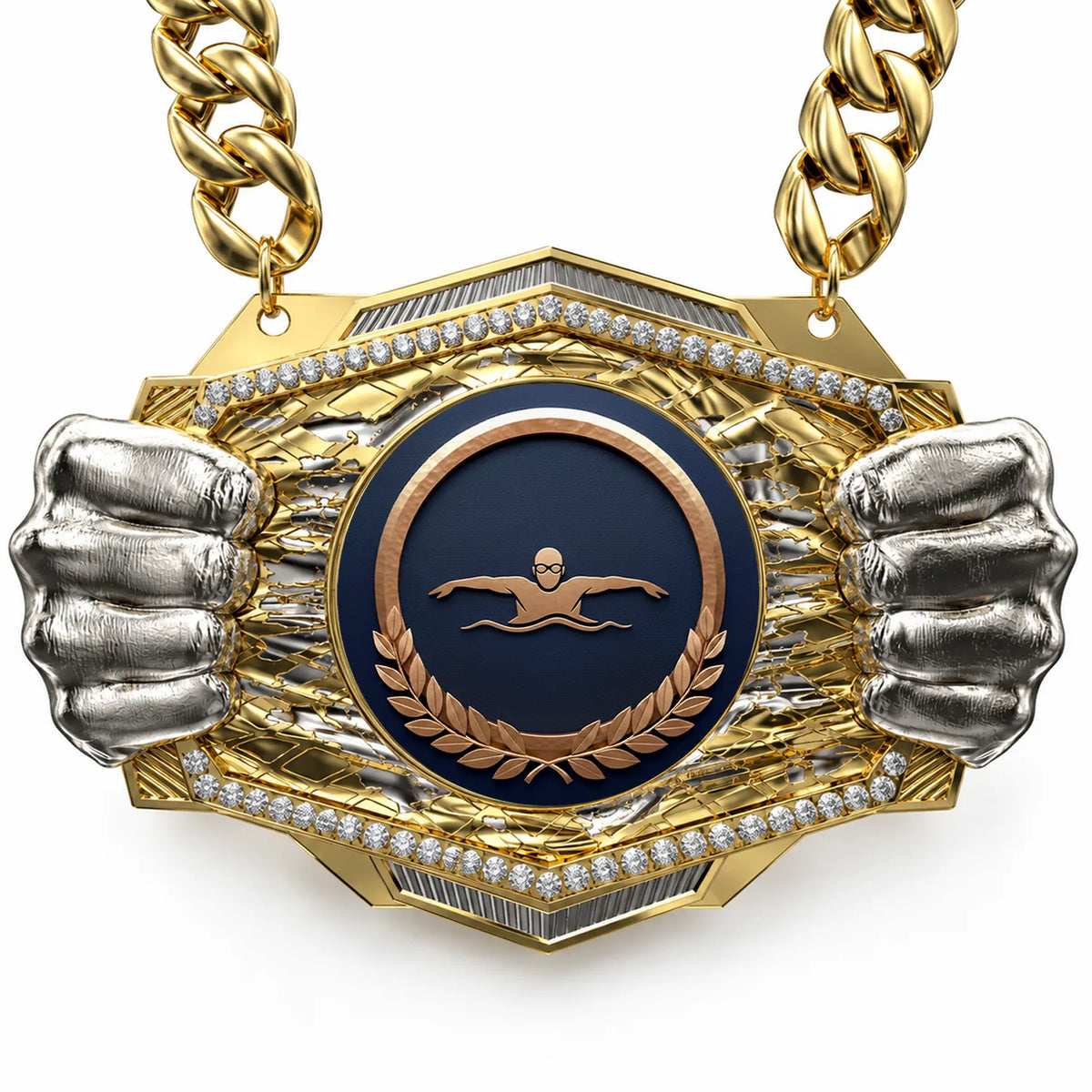 Swimming Medals - Swimmer & Championship Awards, 9-1/2" x 6-1/4" Knock Out Champ Chain With Premium Chain