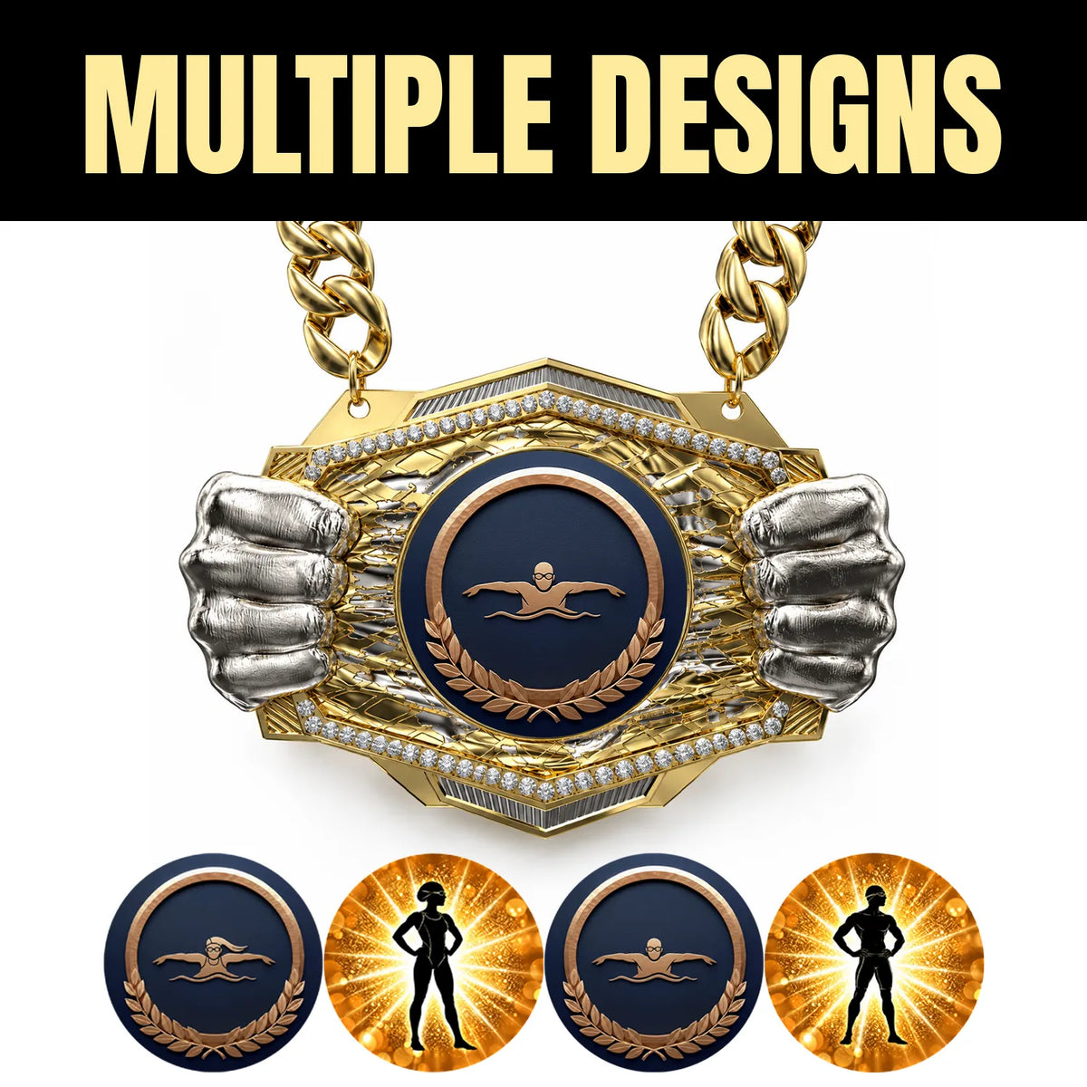 Swimming Medals - Swimmer & Championship Awards, 9-1/2" x 6-1/4" Knock Out Champ Chain With Premium Chain