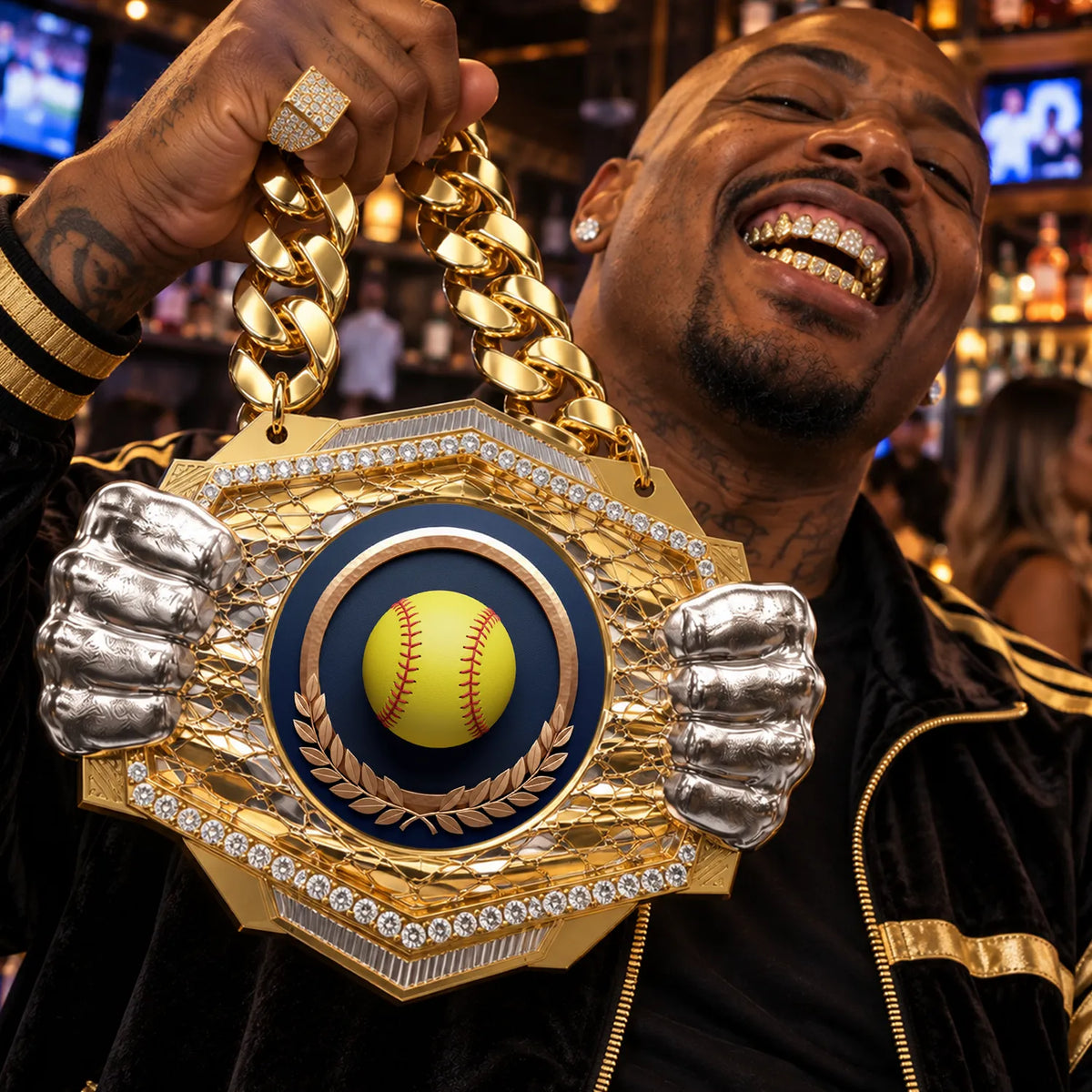 Softball Medals - Player & Championship Awards, 9-1/2" x 6-1/4" Knock Out Champ Chain With Premium Chain