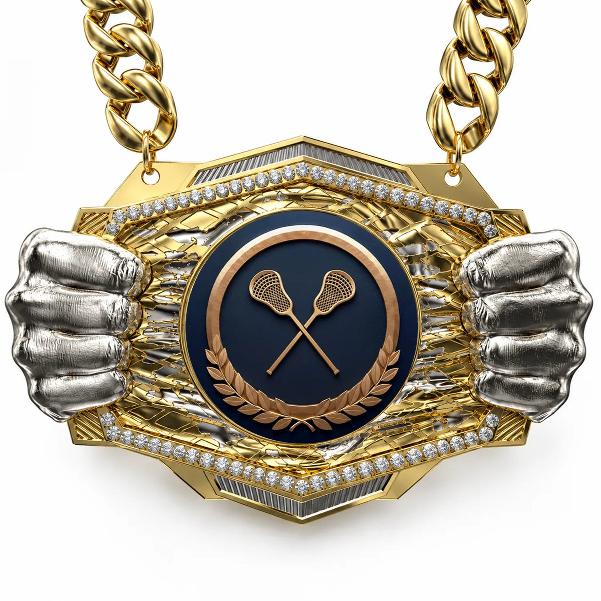 Lacrosse Medals - Player & Championship Awards, 9-1/2" x 6-1/4" Knock Out Champ Chain With Premium Chain
