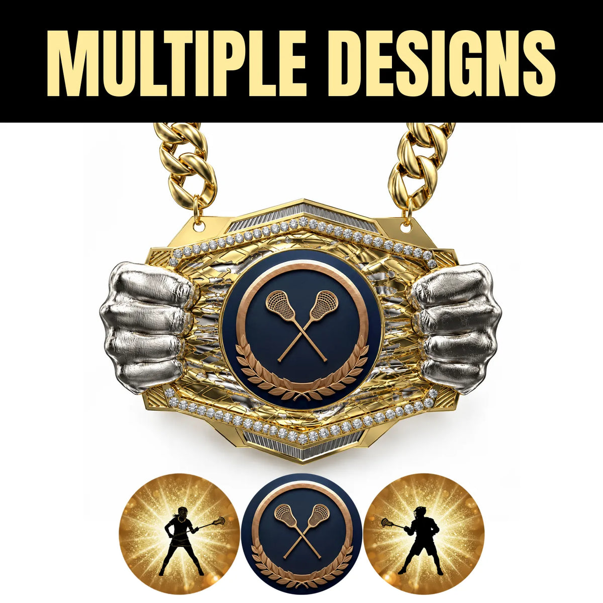 Lacrosse Medals - Player & Championship Awards, 9-1/2" x 6-1/4" Knock Out Champ Chain With Premium Chain