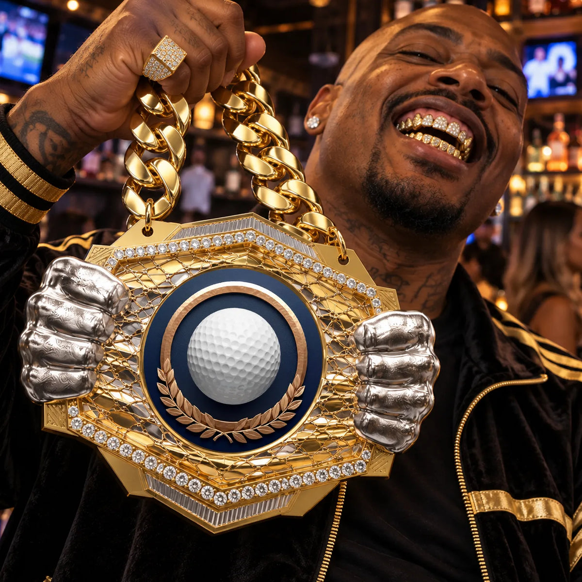 Golf Medals - Player & Tournament Awards, 9-1/2" x 6-1/4" Knock Out Champ Chain With Premium Chain