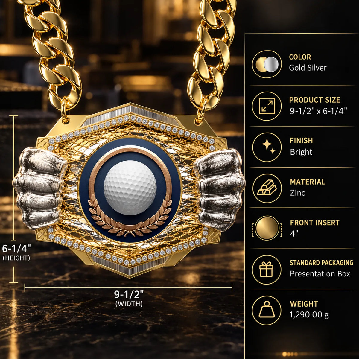 Golf Medals - Player & Tournament Awards, 9-1/2" x 6-1/4" Knock Out Champ Chain With Premium Chain