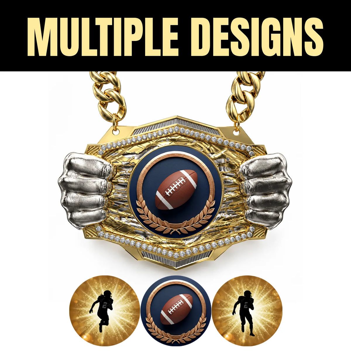Football Medals - Player & Championship Awards, 9-1/2" x 6-1/4" Knock Out Champ Chain With Premium Chain