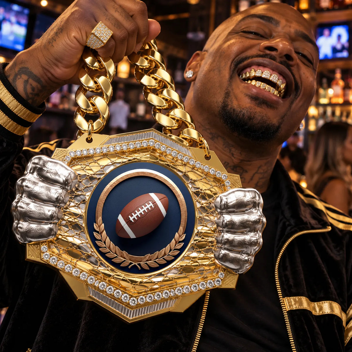 Football Medals - Player & Championship Awards, 9-1/2" x 6-1/4" Knock Out Champ Chain With Premium Chain