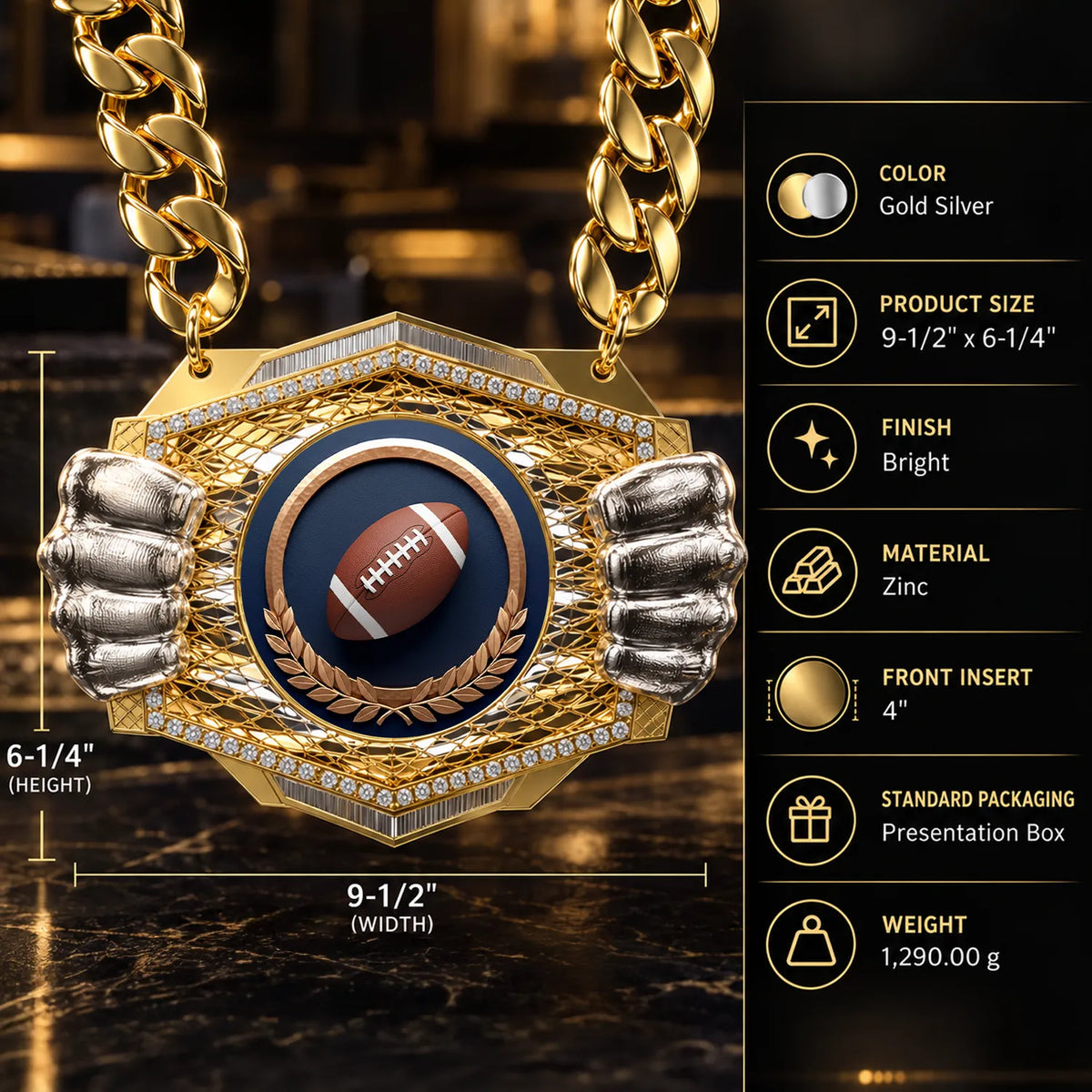 Football Medals - Player & Championship Awards, 9-1/2" x 6-1/4" Knock Out Champ Chain With Premium Chain