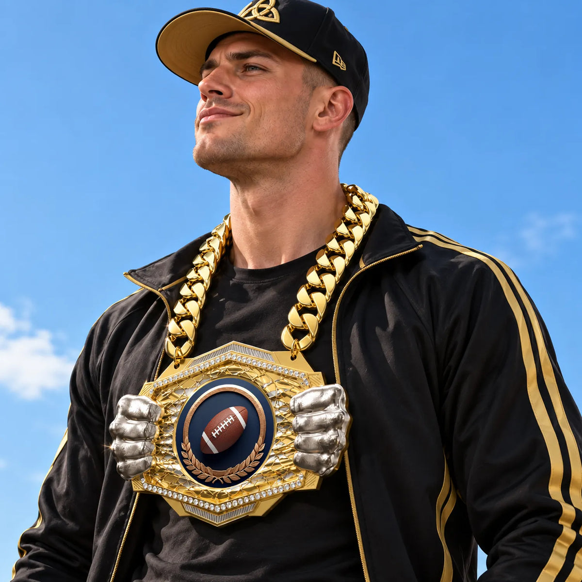 Football Medals - Player & Championship Awards, 9-1/2" x 6-1/4" Knock Out Champ Chain With Premium Chain