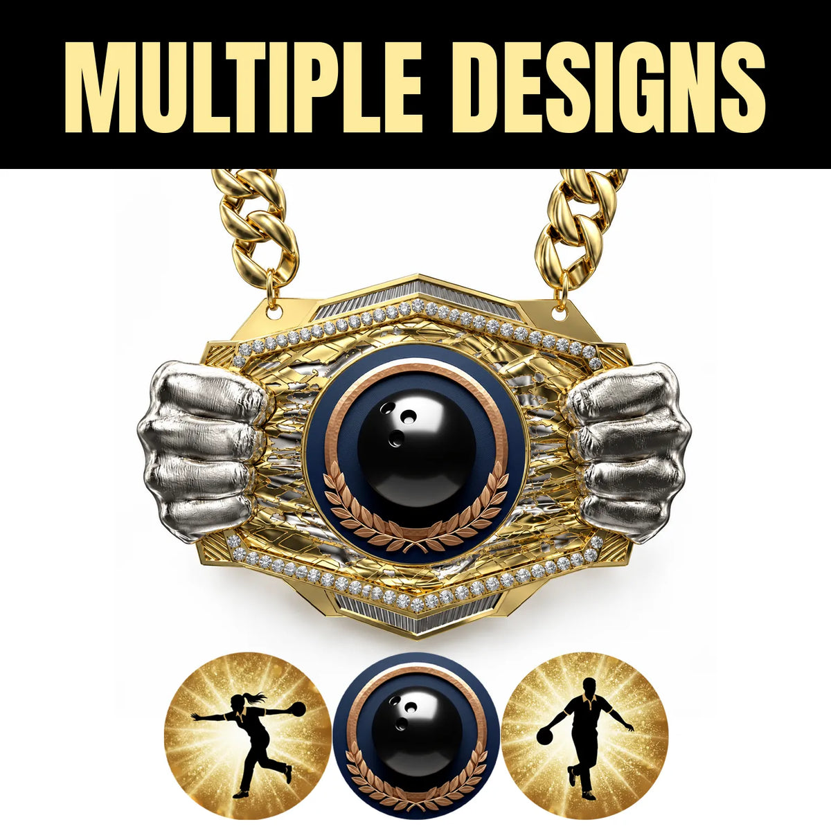 Bowling Medals - Player & Championship Awards, 9-1/2" x 6-1/4" Knock Out Champ Chain With Premium Chain