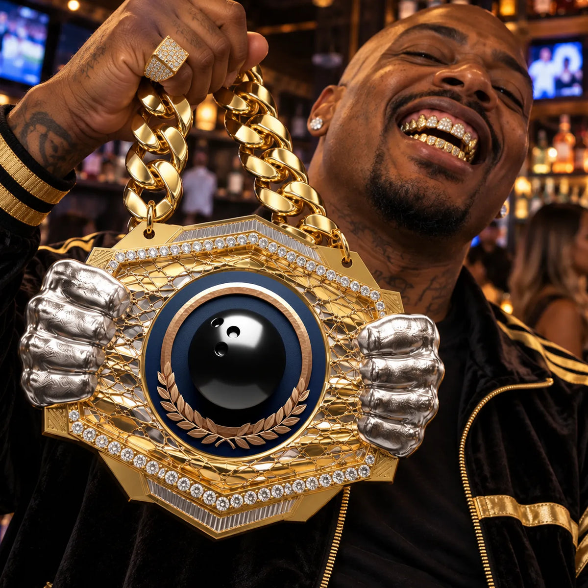 Bowling Medals - Player & Championship Awards, 9-1/2" x 6-1/4" Knock Out Champ Chain With Premium Chain