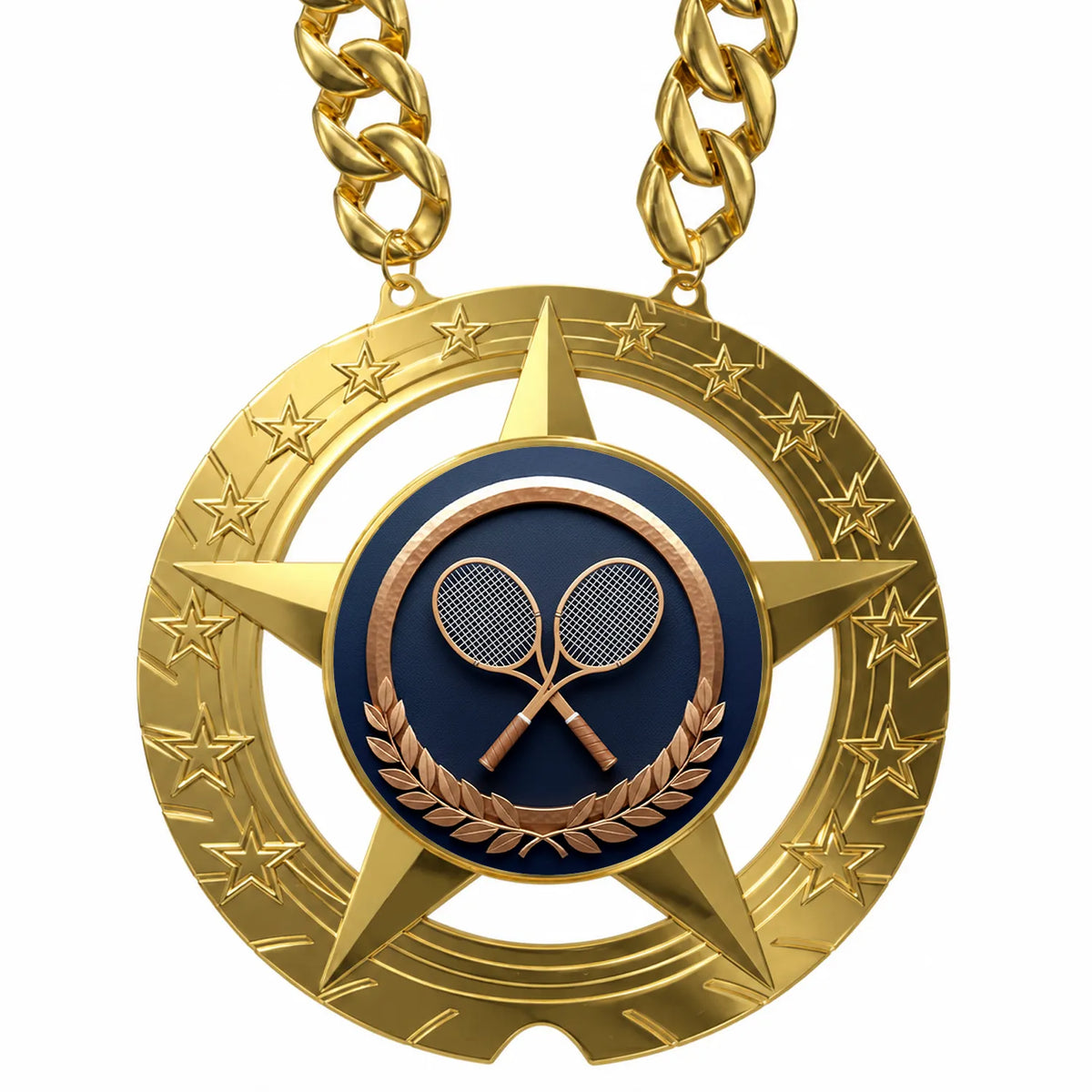 Tennis Medals - Player & Tournament Victory Awards, 6" x 5-1/4" Super Star Champ Chain with Plastic Chain