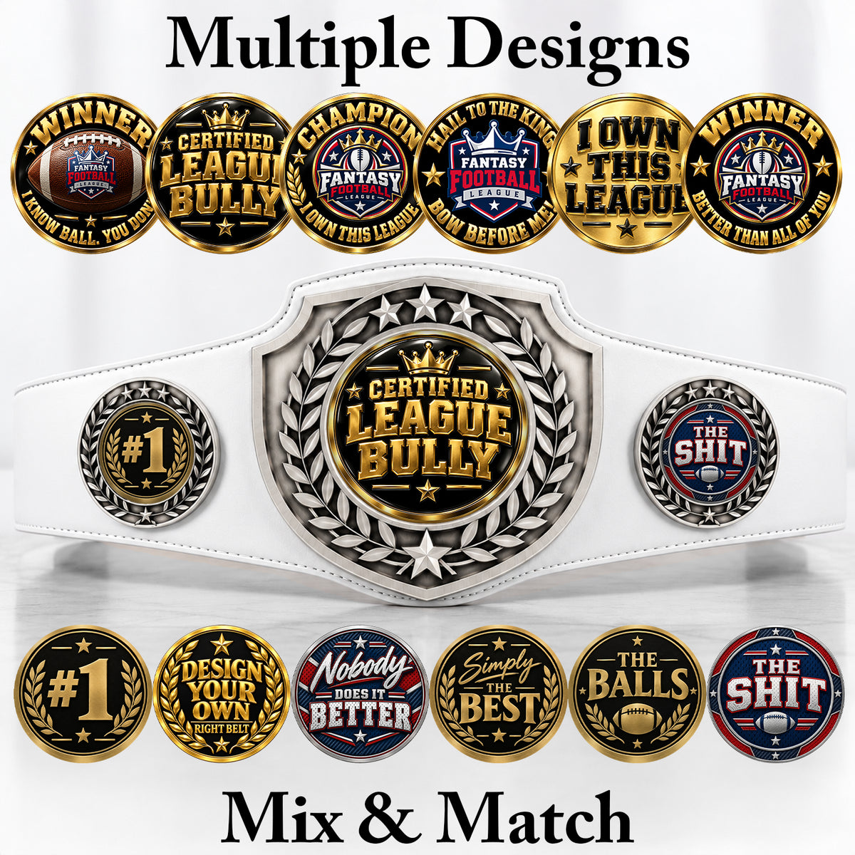 Fantasy Football Antique Shield Championship Belt in White - Certified League Bully