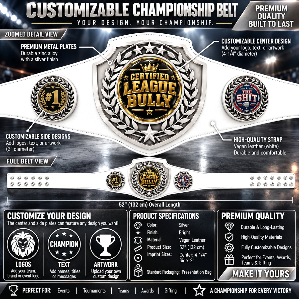Fantasy Football Antique Shield Championship Belt in White - Certified League Bully