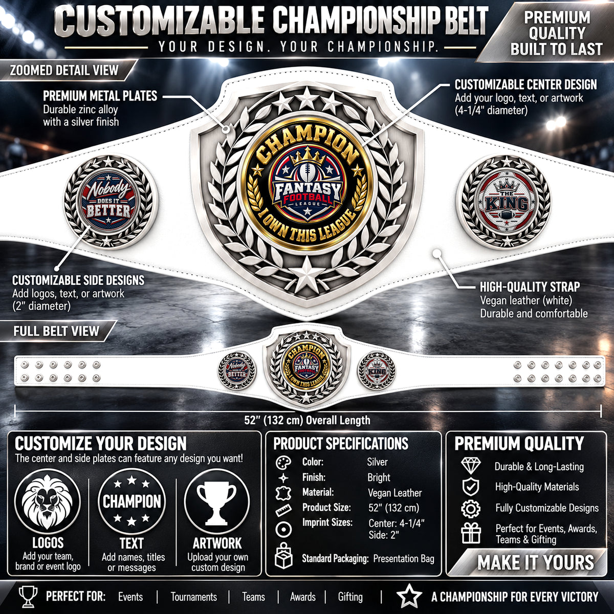 Fantasy Football Antique Shield Championship Belt in White - Champion - I Own This League