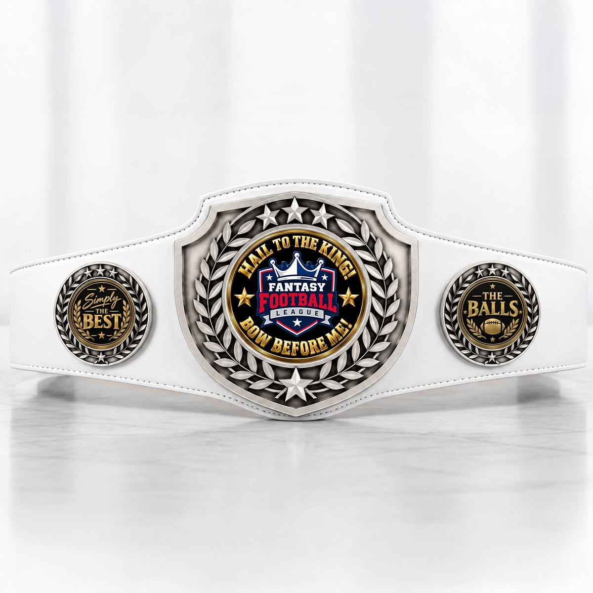 Fantasy Football Antique Shield Championship Belt in White - Hail To The King - Bow Before Me