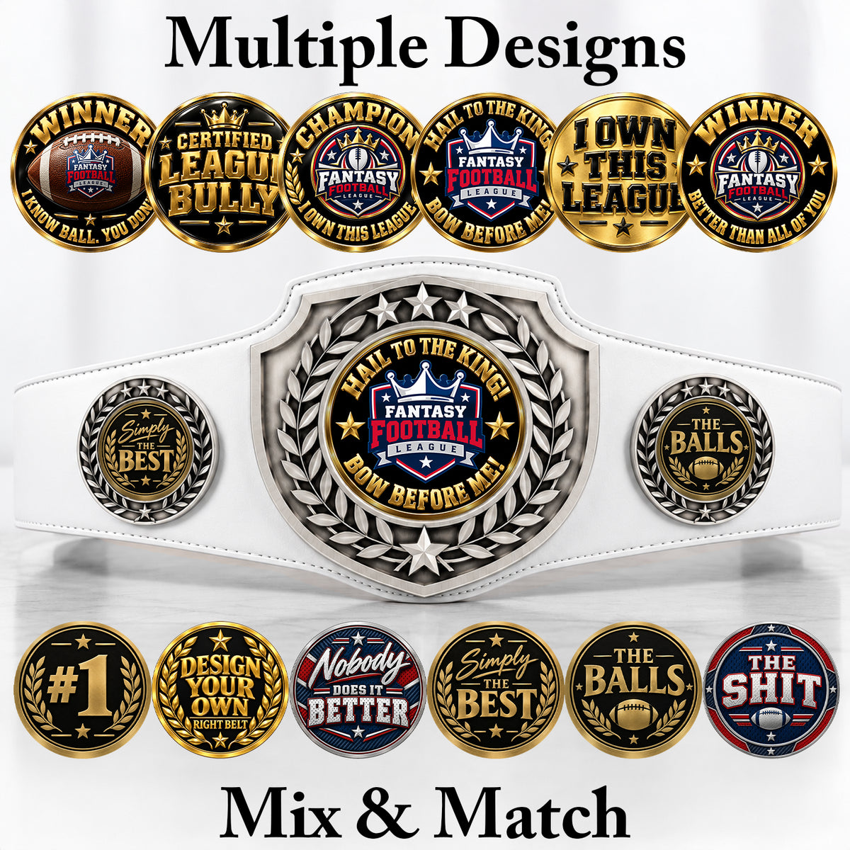 Fantasy Football Antique Shield Championship Belt in White - Hail To The King - Bow Before Me