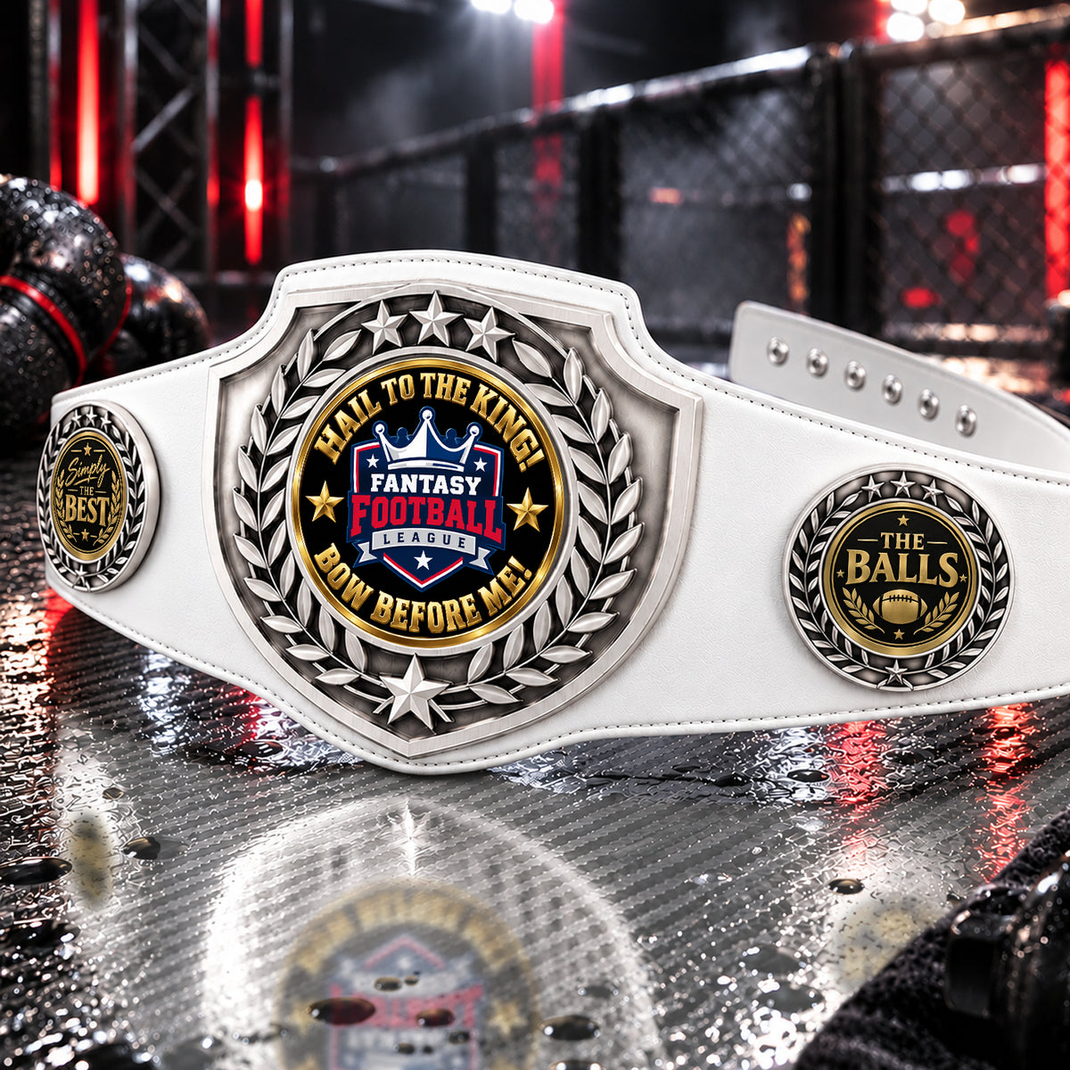 Fantasy Football Antique Shield Championship Belt in White - Hail To The King - Bow Before Me