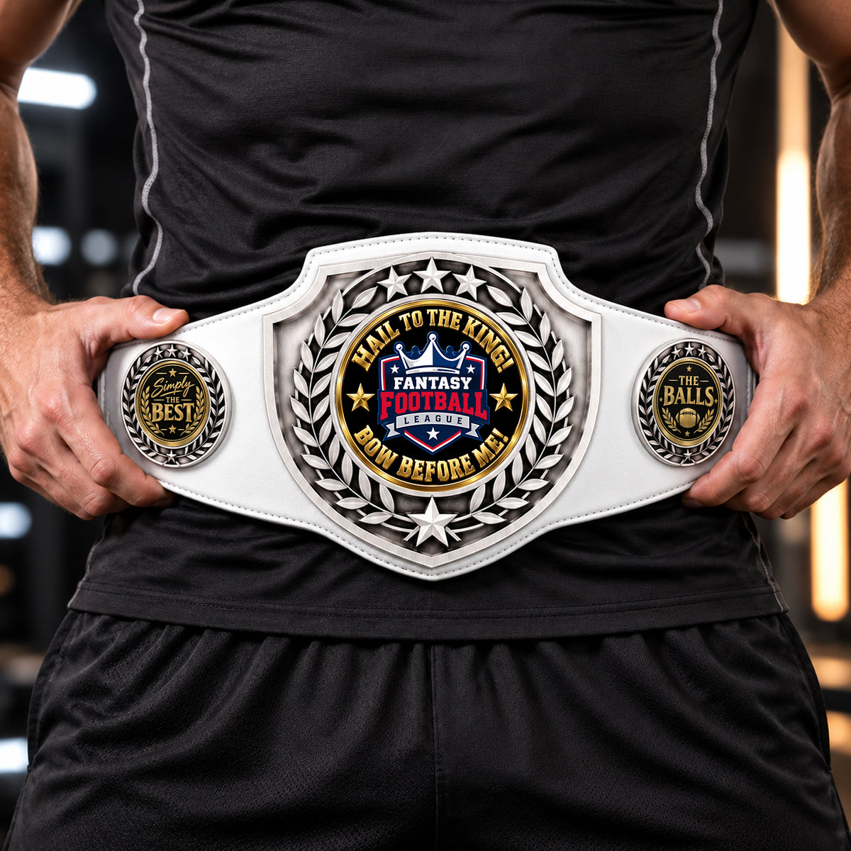 Fantasy Football Antique Shield Championship Belt in White - Hail To The King - Bow Before Me