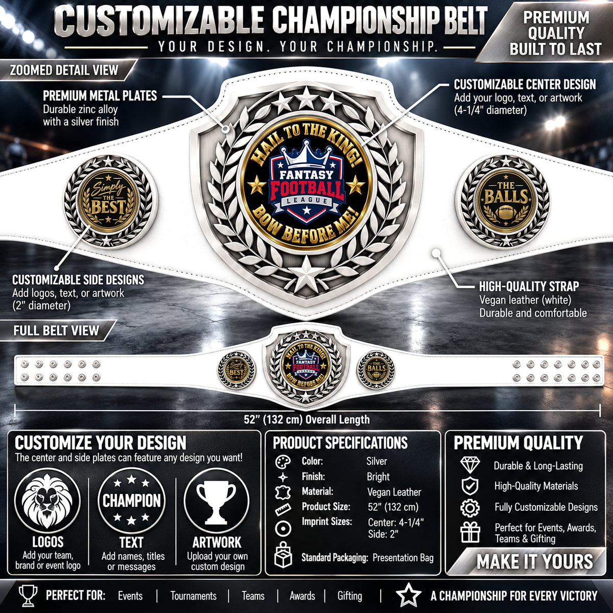 Fantasy Football Antique Shield Championship Belt in White - Hail To The King - Bow Before Me