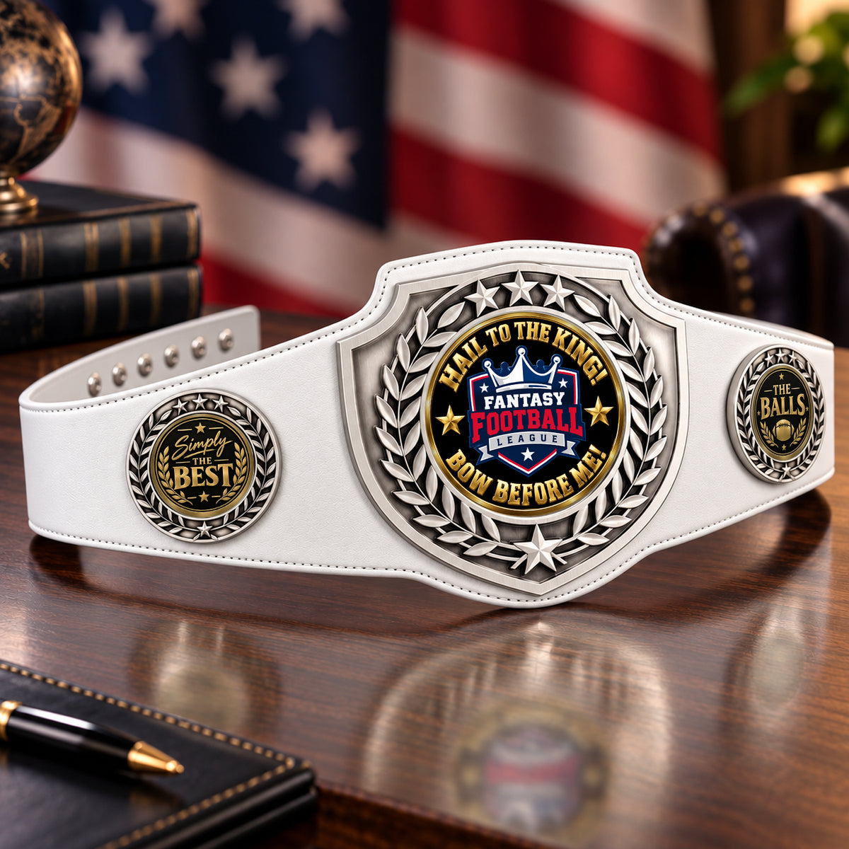 Fantasy Football Antique Shield Championship Belt in White - Hail To The King - Bow Before Me